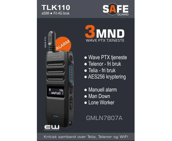 Motorola varekode: GMLN7807A
TLK110 abonnement
3 mnd Wave PTX Tjeneste
Telenor dekning
Telia dekning
Alarm ManDown og LoneWorker
Ingen binding